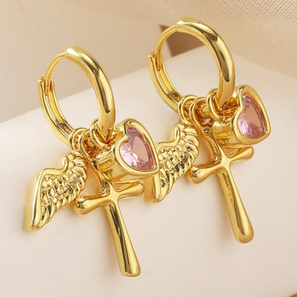 Dangle Gold Charm Earrings for Women 14K Gold Plated Bow Cherry Rose Zirconia Dragonfly Love Heart Wing Cross Pearl Conch Seashell Huggie Hoop Earring Drop Cross Trendy Party Jewelry Gifts for Women - style: Cross and Wing