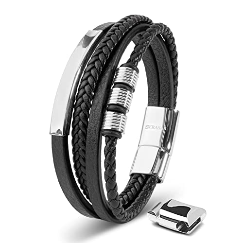 SERASAR Premium Leather Bracelet Men | Stainless Steel Magnetic Clasp | Three Colors | Jewelry Box Included - color: Silver, size: 23cm, style: Brave
