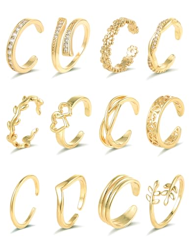 Akeoqi 12PCS 18K Gold Plated Toe Rings CZ Daisy Flower Leaf Heart Knot Band Open Tail Ring Beach Foot Jewelry Sets For Women Men Gold Silver Tone - color: A: Gold