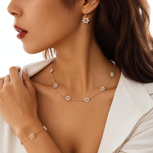 Raicegs Pearl Jewelry Set for Women Wedding Pearl Necklace Bracelet Earrings Set Bride Bridesmaid Dainty Jewelry Gift for Women - color: Flower Jewelry