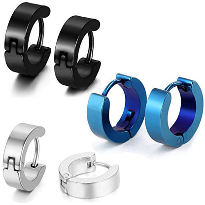 Aroncent Stainless Steel Hoop Earrings: 3-8 Pairs Men Small Hoop Huggie Hinged Earrings Set for Men Women 4mm Valentine Day Gifts - color: B-3PCS-Black+Blue+Silver