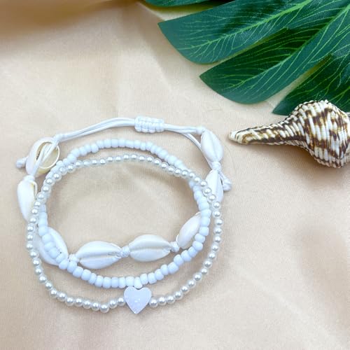 3PCS Boho Anklets for Women Summer Beach Women's Ankle Bracelets Beaded Anklet Bracelet Waterproof Beach Anklets Shell Starfish Anklet Foot Chain Jewelry for Women - color: 3PCS/white