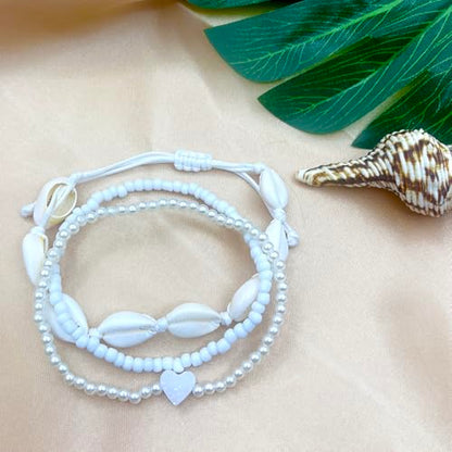3PCS Boho Anklets for Women Summer Beach Women's Ankle Bracelets Beaded Anklet Bracelet Waterproof Beach Anklets Shell Starfish Anklet Foot Chain Jewelry for Women - color: 3PCS/white