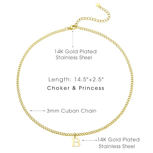 Gold Initial Necklace for Women, 3mm Cuban Link Letter Necklace, 14.5"+2.5" Adjustable Choker, Gold Plated A-Z Alphabet Pendant Necklace, Personalized Jewelry Gift for Her - style: B