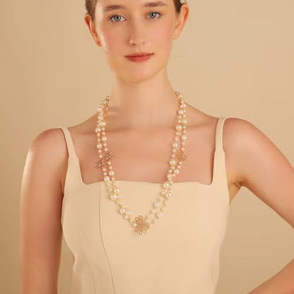 Simulated Pearl Strand Layered Necklace for Women, Multi Strand Long Necklace, Dainty Sweater Necklace for Party Costume Jewelry - style: Daisy