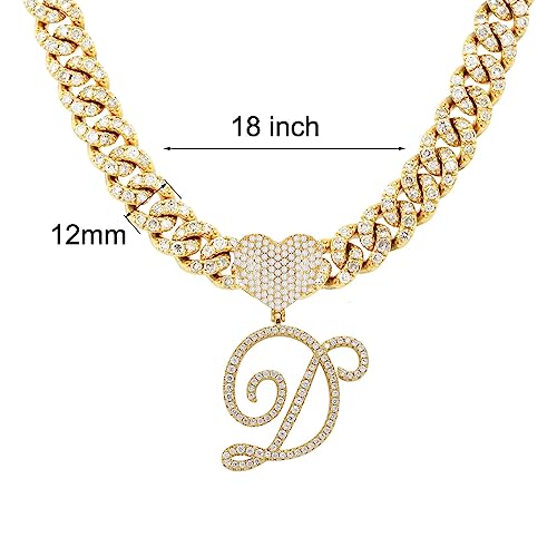 Initial Necklaces Silver Cuban Link Chain for Women Iced Out Chain with Heart Letter Pendants Custom Chain Name Necklace Hip Hop Jewelry Gift - color: D Gold