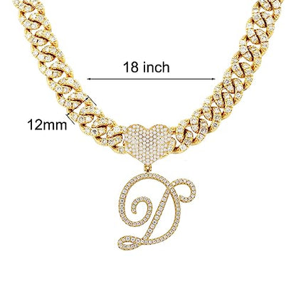 Initial Necklaces Silver Cuban Link Chain for Women Iced Out Chain with Heart Letter Pendants Custom Chain Name Necklace Hip Hop Jewelry Gift - color: D Gold