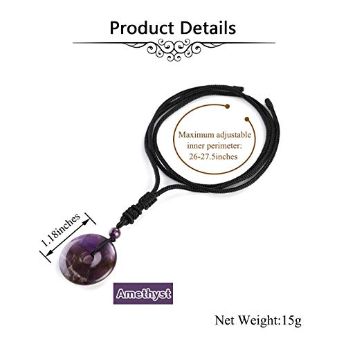 Jovivi 30mm Circle Donut Healing Crystals Necklace Natural Semi-Precious Chakra Gemstone Stone Amulet Lucky Coin Donuts Charm Protection Quartz Reiki Pendant Necklace for Men Women Adjustable Rope - color: 2pcs(Amethyst+Obsidian)