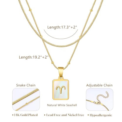 LETFLY Layered Zodiac Necklace for Women 18K Gold Natural Shell Pendant | Birthday Gifts for Women, Daily Wear, Hypoallergenic Material, Personalized Constellation Pendant, Adjustable, Snake Chain - style: Aries