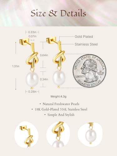 Pearl Earrings VeroSteel Dangle Earrings for Women, Dainty 14k Gold Huggie Hoop Earrings with Pearls, Trendy Pearl Drop Earrings, Stainless Steel Hypoallergenic Stud Earrings For Sensitive Ears - style: Cute Knot A