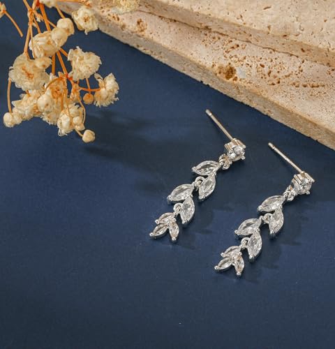 Lunvky 14K Gold Plated Dangle Earrings for Women Dainty Silver Drop Earring Trendy Long Dangling Wedding Bridesmaid Hoop Diamond Crystal Cute Earring Prom Jewelry Birthday Gifts - color: H-1 pair leaf silver