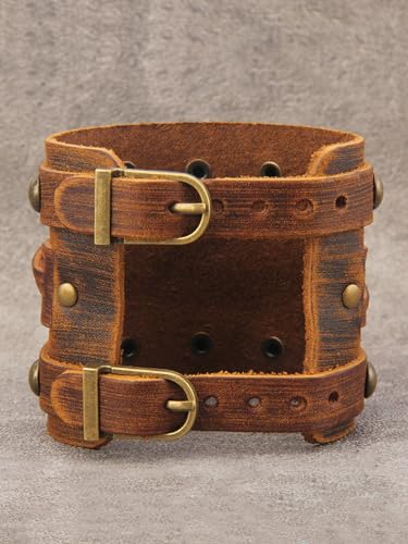Jeilwiy Punk Leather Wristbands for Men Bracelets Handmade Wide Cuff Bangle Braided Jewelry Black Brown Adjustable - Punk Father's Gifts - color: Leather Brown Bracelet