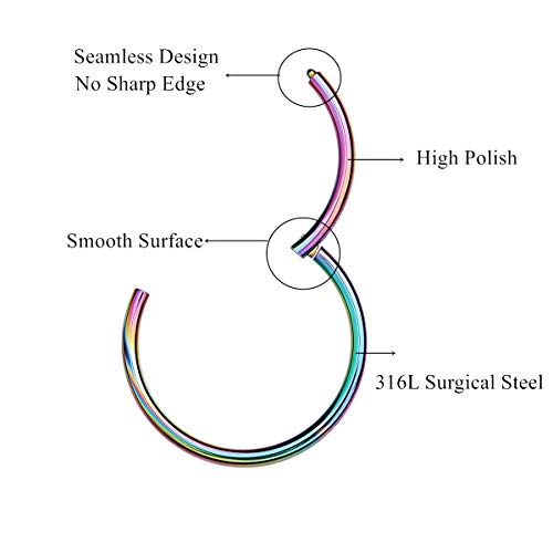 MissNity 316L Surgical Steel Hinged Nose Rings Hoop 20G 18G 16G 14G, Diameter 6mm to 10mm, Color Gold - Rose Gold - Silver - Black - Rainbow - color: A01: rainbow - 1pc