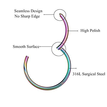 MissNity 316L Surgical Steel Hinged Nose Rings Hoop 20G 18G 16G 14G, Diameter 6mm to 10mm, Color Gold - Rose Gold - Silver - Black - Rainbow - color: A01: rainbow - 1pc