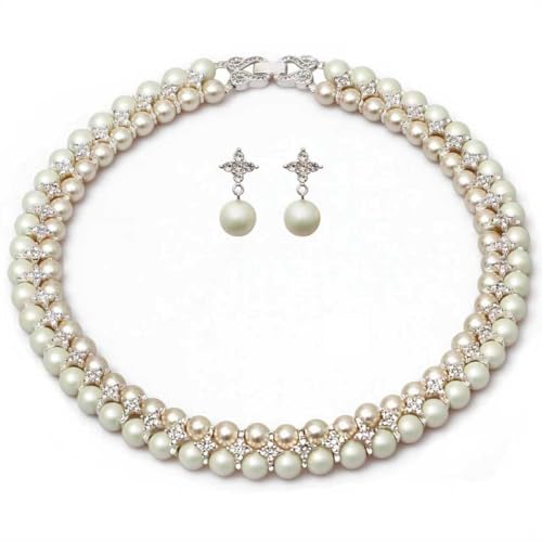 S SUSANN Costume Layered Twisted Gold Pearl Necklace Choker Chunky Glass Statement Pearl Necklace and Earring set, good gift for women Faux pearl necklace set - style: silver star rhinestones pearl
