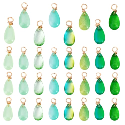 PH PandaHall 96pcs Green Teardrop Charms 8 Colors Transparent Glass Crystal Pendants, 18mm Crystal Dangle Charms Wire Wrapped Water Drop Charm for Necklace Bracelet Earring Jewelry Making