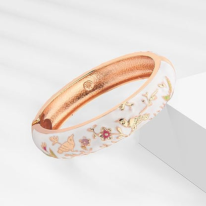 UJOY Cloisonne Indian Bangle Colored Crystal Plated Hinge Cuff Bracelet Hollowed Bird Enamel Jewelry Gift 55C49 - color: 2 Pcs/set-Bird-White