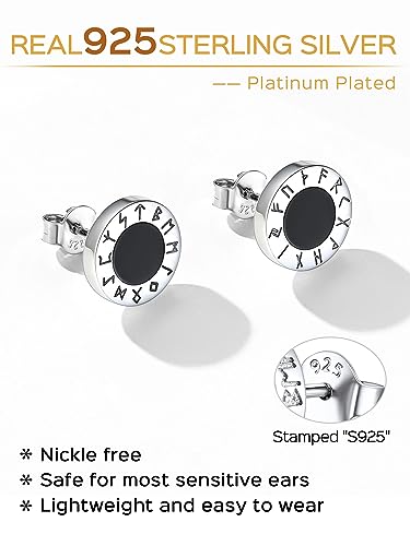 ChicSilver 925 Sterling Silver Viking Rune Natural Black Onyx Stud Earrings For Women Men - style: B: Front Runes-Silver