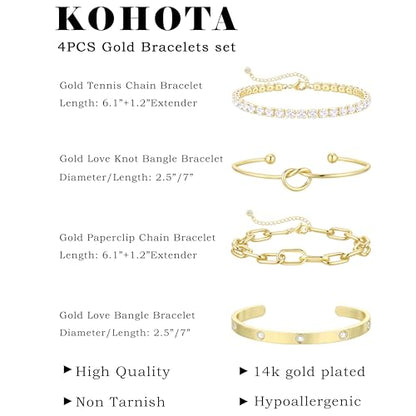 KOHOTA Chunky Gold Bracelets for Women Non Tarnish 14K Gold Plated Cuff Bracelet Stack Trendy Love Bangle Bracelets Stackable Tennis Bracelet Set Tie Knot Cuban Paperclip Figaro Chain Jewelry Gifts - color: D.Tie knot bangle