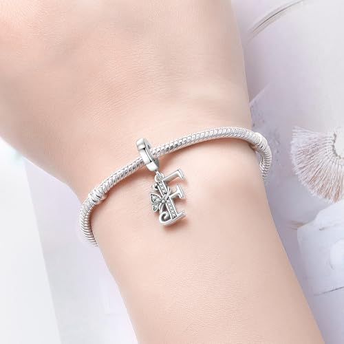 2 Pack 925 Sterling Silver Butterfly Letter Charms for Bracelets and Necklace Alphabet Initial Dangle Pendants Round Spacer Beads Pave Cubic Zirconia Jewelry Gift for Women - color: F Set