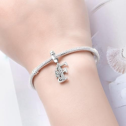 2 Pack 925 Sterling Silver Butterfly Letter Charms for Bracelets and Necklace Alphabet Initial Dangle Pendants Round Spacer Beads Pave Cubic Zirconia Jewelry Gift for Women - color: F Set