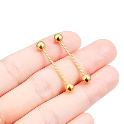16G 14G Surgical Steel Tongue Rings Nipple Rings Industrial Piercing Jewelry Set Multi Size Straight Barbells 12mm 14mm 16mm 19mm 22mm 28mm 32mm 35mm 38mm 40mm 45mm for Women Men - color: goldtone, size: 16g,bar length 22mm