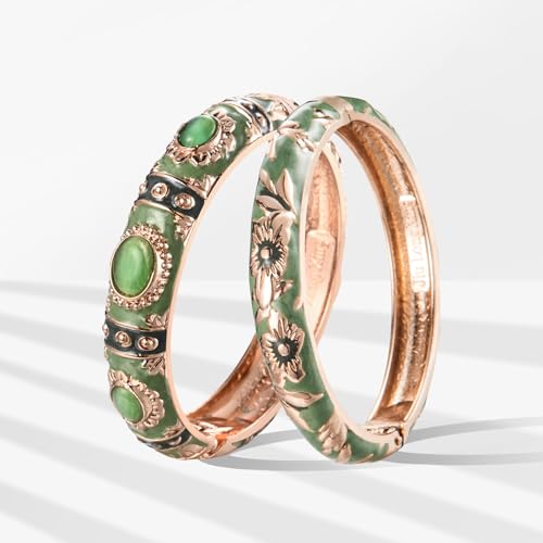 UJOY Cloisonne Bracelet Lotus Flower Plated Cuff Bangle Enameled Jewelry Bracelets Gift for Women Pack in Case 88B16 - color: 7735-2 Pcs Set-Green