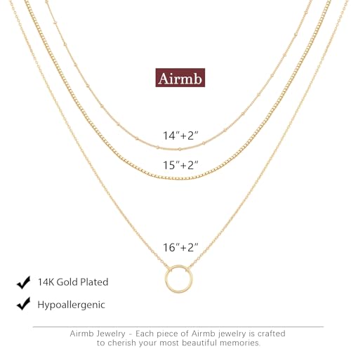 Airmb Gold Layered Necklaces for Women 14k Gold Plated Dainty Stackable Choker Necklaces for Women Trendy Layering Chain Cute Pendant Necklace Set Gold Jewelry for Women - color: 3PCS-Beaded&Box&Circle-Gold