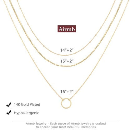 Airmb Gold Layered Necklaces for Women 14k Gold Plated Dainty Stackable Choker Necklaces for Women Trendy Layering Chain Cute Pendant Necklace Set Gold Jewelry for Women - color: 3PCS-Beaded&Box&Circle-Gold