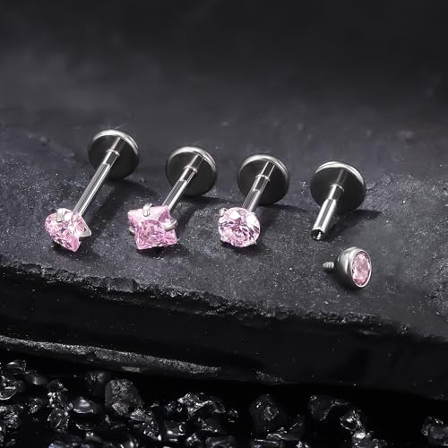 Titanium Flat Back Lip Rings Internally Threaded Earrings Studs Nose Rings 20G 18G 16G Round Heart Square CZ Tragus Cartilage Lobe Rook Helix Conch Labret Medusa Piercing Jewelry for Women Men - color: Pink CZ, size: 16G-6/8/10mm