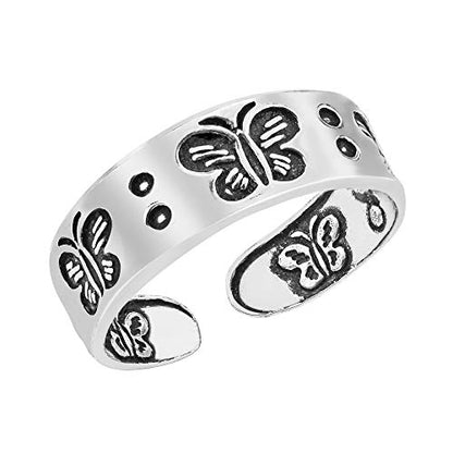 AeraVida .925 Sterling Silver Adjustable Toe Ring or Pinky Ring 5mm Wide Open Band, Stackable Minimalist Summer Foot Jewelry | Sun Moon Star Turtle Butterfly Leaf Olive Branch Ocean Wave Yin Yang Design - style: Butterfly