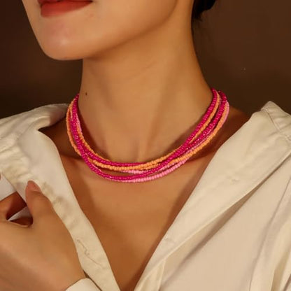 Colorful Multi-layered Seed Beaded Necklace Choker For Women Bohemian Handmade Crystal Stone Gemstone Hawaiian Necklace Holiday Birthday Summer Beach Jewelry Gift - color: Pink