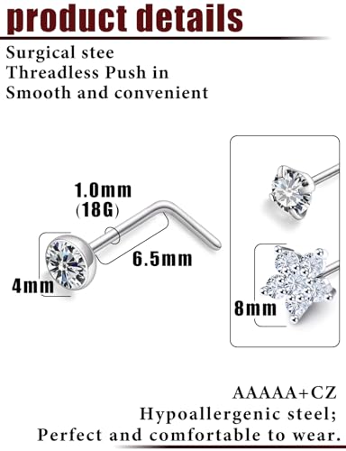Prjndjw 20G Big Nose Stud Large Nose Studs Surgical Stainless Steel Straight Nose Studs 4mm CZ Paved CZ Nose Rings with 6-CZ Flower Ring for Women Men 11 Pieces - color: 4mm CZ Big 18G Silver L-shaped Nose Stud