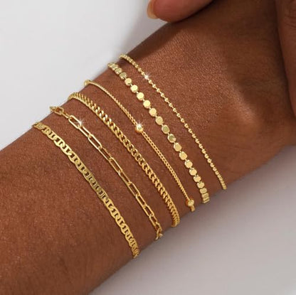MFRYK Gold/Silver Bracelets For Women,Trendy 14k Gold/Silver Plated lightweight Dainty Chunky Thin Cuban Link Paperclip Chain Tennis Bangle Bracelets Stack Set,Ring Hand Chain Bracelet,Gold Jewelry Gift For Women Fashion Accessories - style: 6Pcs thin cub