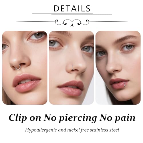 D.Bella Fake Septum Hoop 20G Faux Nose Piercing Hoop Clip on Nose Rings Non Piercing Fake Septum Lip Ear Ring Faux Body Piercing Jewelry for Women Men - color: Color B -silver