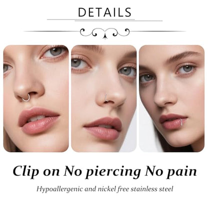 D.Bella Fake Septum Hoop 20G Faux Nose Piercing Hoop Clip on Nose Rings Non Piercing Fake Septum Lip Ear Ring Faux Body Piercing Jewelry for Women Men - color: Color B -silver