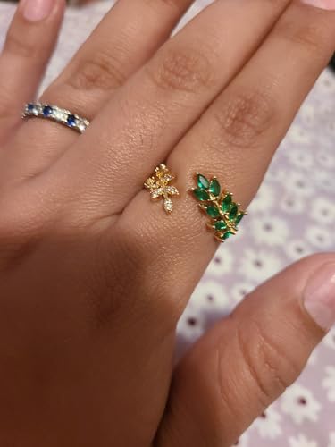 Adjustable Open Leaf & Vine Ring with Gemstone & Diamond | Cuff Deco Ring for Women Men | Adjustable Cuff Vine Leaf Deco Rings - color: Gold Green