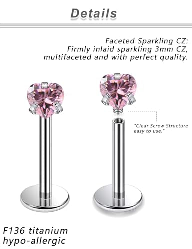 20G 18G 16G F316 Titanium Flat Back Nose Rings Studs Hypoallergenic Screw on Tragus Helix Cartilage Earrings Stud Piercing Jewerly for Women Men Bars 6mm - style: 18G Flat Back Nose Studs-bars 8mm-Pink CZ