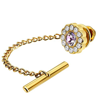 AMITER Crystal/Pearl Tie Tack with Chain, Gold Mens Tie Pin Necktie Pins Lapel Pin for Wedding Birthday Anniversary Party - color: 24k Gold+Light Pink Crystal