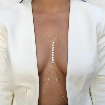 Gold Plated Body Chain for Women, Layered Bikini Waist Chain | Sexy Rhinestone Body Jewelry, Chest Belly Chain, Adjustable Fit, Crossover Design, Summer Beach Parties and Vacations - color: Gold3