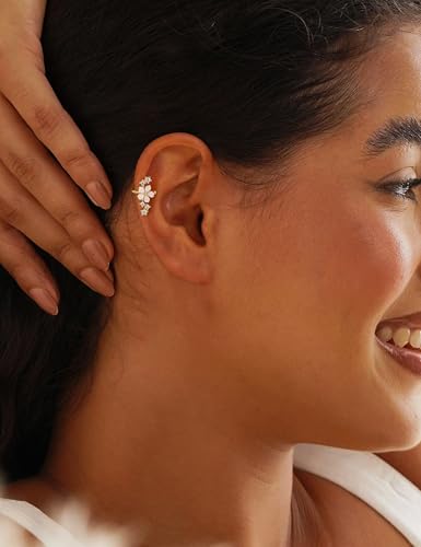 Carffordo 3Pcs Ear Cuffs Non Piercing for Women, Dainty Clip on Earrings | Trendy 14K Gold Plated Ear Cuff with Cubic Zirconia, Fake Piercing Cartilage Earrings, Lightweight Jewelry for Daily Wear - color: 1pair-flower