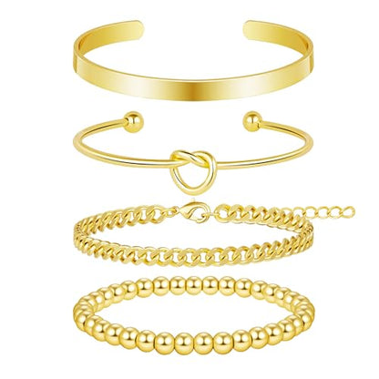 925 Sterling Silver Bracelets for Women Stack, Trendy Tennis Bangle Cuff Jewelry Set 14K Gold Plated, Adjustable Bracelet Set for Wrist Essentials, Women Fashion Watch Band Acecessories - style: Braccelet_4pcs_02