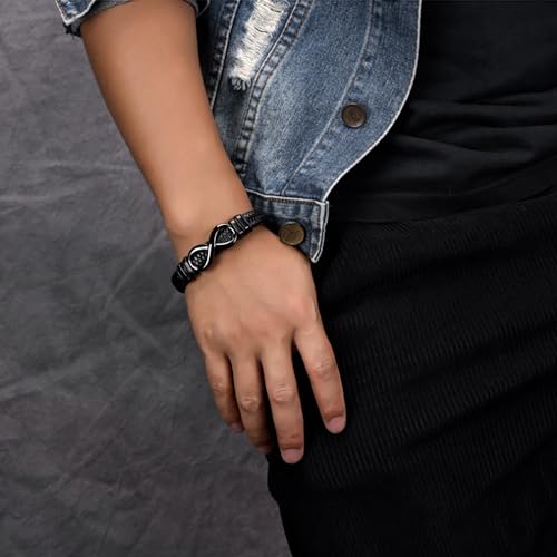 Men's Leather Infinity Bracelet Stainless Steel Number 8 Wristband Cuff Bangle Bracelets Gifts for Men, 8.3 & 9.1 inches - color: 01.Single-layers leather & black infinity, size: 9.1inch(Size too large. Not recommended.)