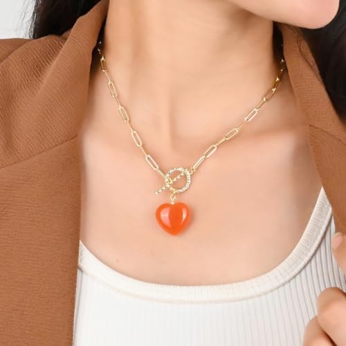 Gempires Gemstone Heart Pendant Necklace for Women, Gold Toggle Birthstone | Handmade gemstone heart pendant necklace — choose from 11 stones and birthstones, gold toggle paperclip chain. - color: Carnelian