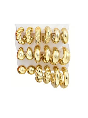 12 Pairs Chunky Gold Hoop Earrings for Women Trendy, Gold Plated Lightweight Hypoallergenic Stack, Thick Open Twisted Huggie Hoops Earring Set - color: 9 Pairs Gold Twisted