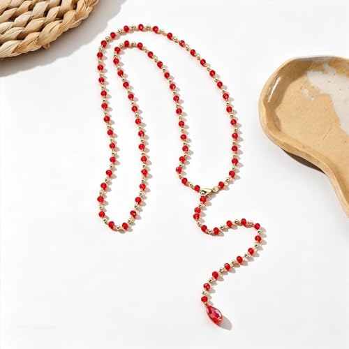 Long Faux Pearl Beaded Y Tassel Lariat Necklace for Women,Boho Dainty Chain Crystal Rhinestone Statement Necklace Fashion Lightweight Jewelry Gifts - color: Red