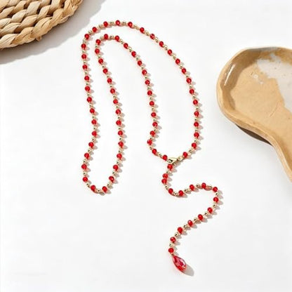 Long Faux Pearl Beaded Y Tassel Lariat Necklace for Women,Boho Dainty Chain Crystal Rhinestone Statement Necklace Fashion Lightweight Jewelry Gifts - color: Red