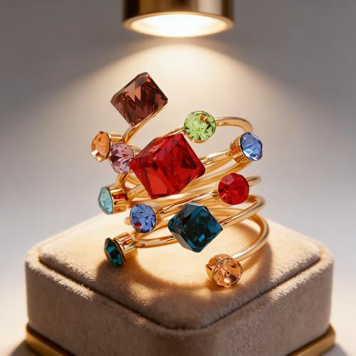 Big Geometric Cube Crystal Ring for Women Statement Geometry Rhinestone Open Rings Crystal Rhinestone Cocktail Ring CZ Fashion Classic Party Wedding Jewelry - color: Colorful