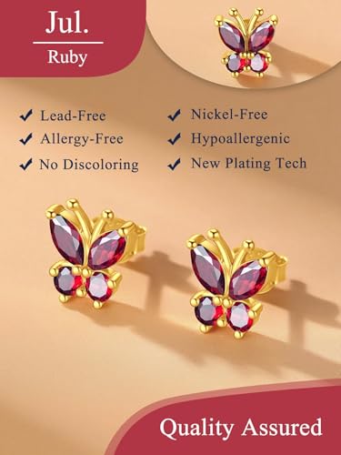 Suplight Butterfly Stud Earrings 925 Sterling Silver 14K Gold Brithstone Earrings for Women Brithstone Jewelry Gifts - color: 07.July( Ruby), size: Gold