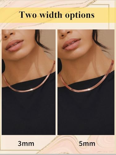ChainsHouse Flat Snake Chain Herringbone Choker Necklace for Women, Stainless Steel/Rose Gold/18K Gold Plated Dainty Adjustable Simple Short Layered Necklaces, 12"/15"/18" with 3.5" Extender - color: a. rose gold-3mm